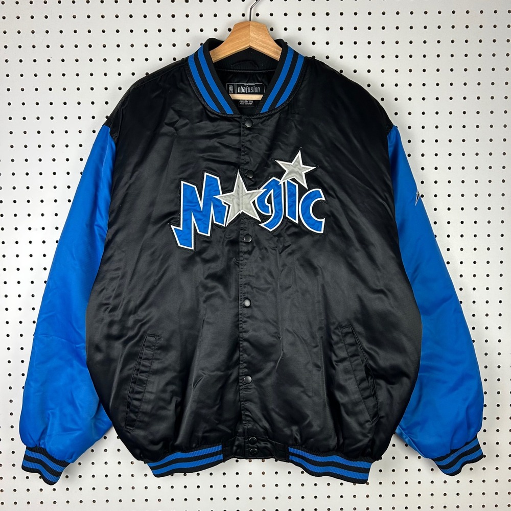 Orlando Magic Satin Bomber Jacket XL Black Blue Varsity Reebok NBA Fusion Y2K